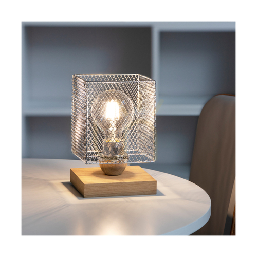 Skontrolujte Stolná lampa Spot Light Norman Wood – olejovaný dub, chrómované kovové tienidlo, E27, 13,5 cm