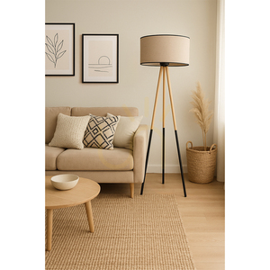 Stojaca lampa Panda, 1xE27, Max. 60 W, breza – čierna/čierna, PVC kábel, béžové ľanové tienidlo s čiernym lemovaním, Ø 50 cm small 1