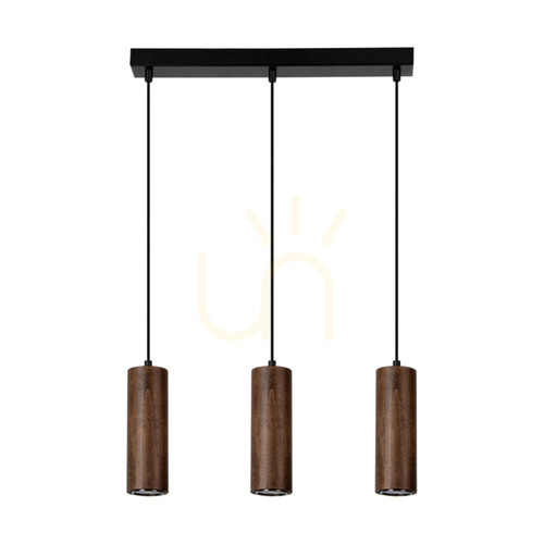 Skontrolujte Závesné svietidlo v tvare rúrky, obsahuje 3 LED žiarovky typu GU10 (max.. 5 W), bukové a orechové drevo / čierny kov / čierny PVC kábel (46 cm)