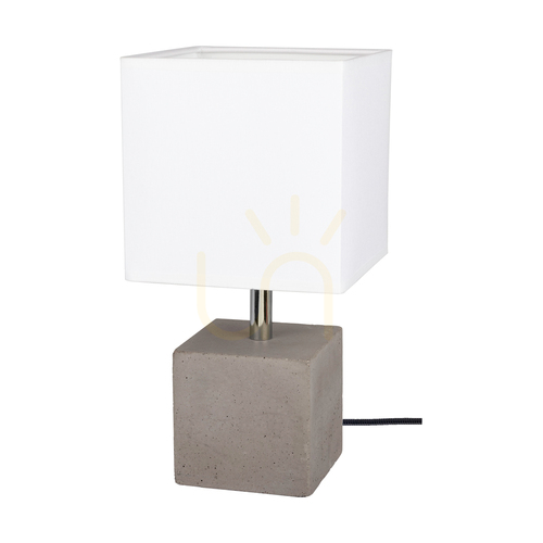 Skontrolujte Robustná štvorcová stolná lampa, 1xE27, Max. 25 W, betónovo šedý/čierny PVC kábel/biely tienidlo, 15 cm