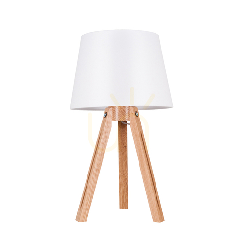 Skontrolujte Stolná lampa na trojnožke, 1xE27, Max. 40 W, olejovaný dub / priehľadný PVC kábel / biele tienidlo, Ø 30,5 cm