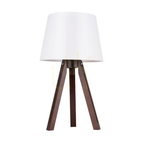 Skontrolujte Stolná lampa na trojnožke, 1xE27, Max. 40 W, bukové a orechové drevo / priehľadný PVC kábel / biele tienidlo, Ø 30 cm