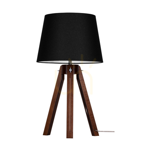 Skontrolujte Stolná lampa na trojnožke, 1xE27, Max. 40 W, bukové a orechové drevo / priehľadný PVC kábel / čierne tienidlo, Ø 30 cm
