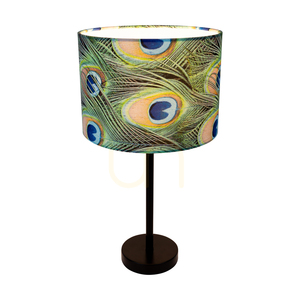 Stolná lampa Vert, 1xE27, Max. 40 W, čierny kov / čierny PVC kábel / viacfarebné tienidlo s motívom pávieho peria, Ø 25 cm small 1