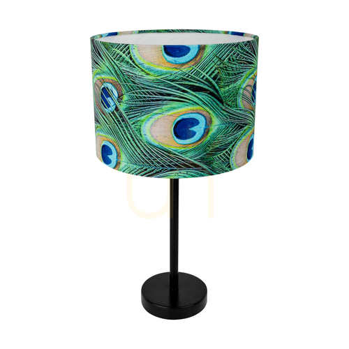 Skontrolujte Stolná lampa Vert, 1xE27, Max. 40 W, čierny kov / čierny PVC kábel / viacfarebné tienidlo s motívom pávieho peria, Ø 25 cm