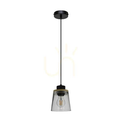 Skontrolujte Závesné svietidlo Warnemünde 1xE27 Max. 60 W, olejovaný dub / čierny kov / čierny PVC kábel / tienidlo z dymového skla, Ø 13,5 cm