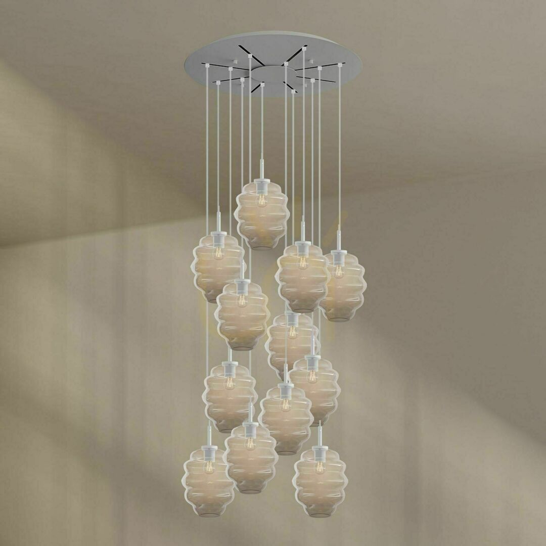vyhliadka Závesný luster s.luce Echos, 12 × E27, priehľadné sklo, tienidlá Ø 25 cm Závesný luster s.luce Echos, 12 × E27, priehľadné sklo, tienidlá Ø 25 cm