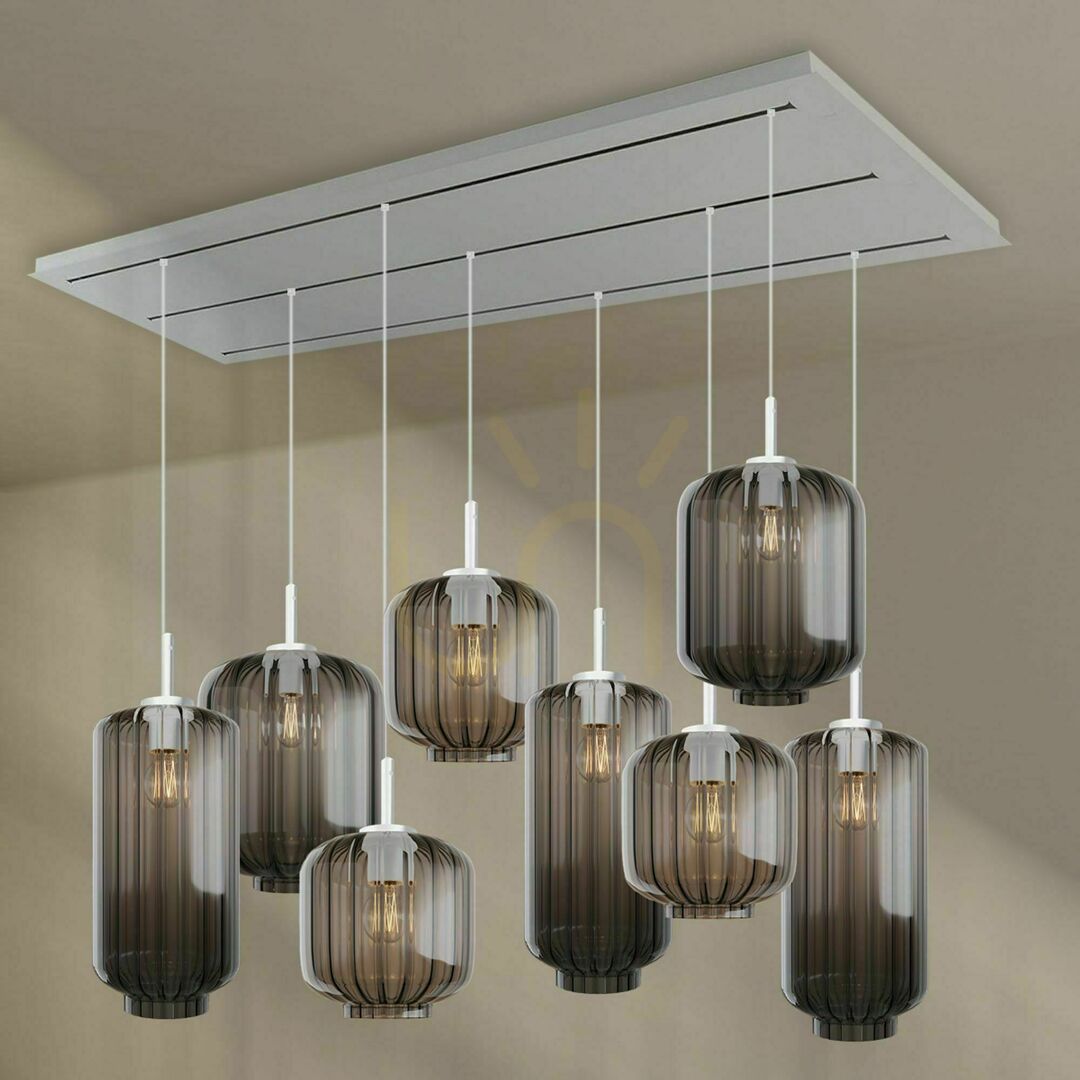 Skontrolujte Závesné svietidlo s.luce Velo, 8 × E27, dymové sklo, 200 cm, 3 rady Závesné svietidlo s.luce Velo, 8 × E27, dymové sklo, 200 cm, 3 rady