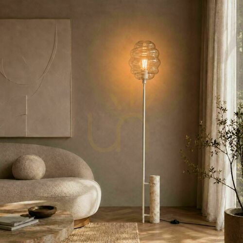 Skontrolujte Stojaca lampa s.luce Echos, biela konštrukcia, travertín a sklo, 188 cm, E27
