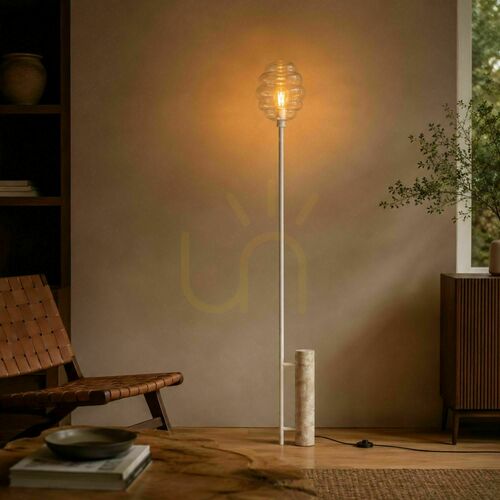 Skontrolujte Stojaca lampa s.luce Echos, travertín a číre sklo, E27, výška 188 cm