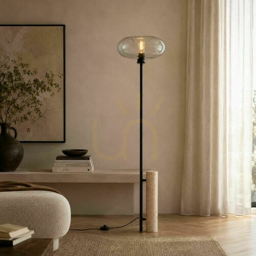Skontrolujte Stojaca lampa s.luce Cruet, čierna, travertín a sklo, E27, výška 190 cm