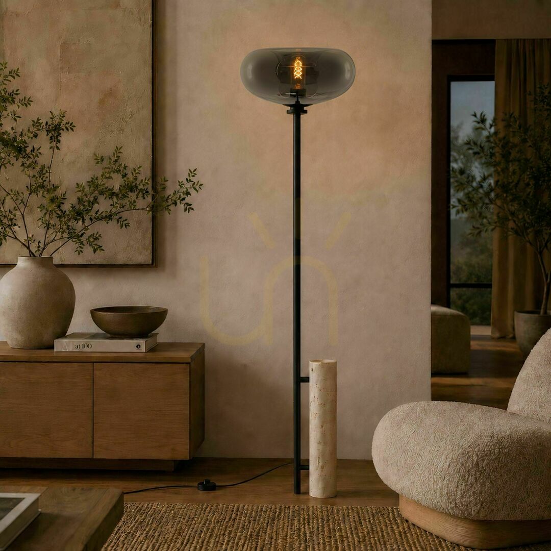 Skontrolujte Stojaca lampa s.luce Cruet, travertín, čierna, dymové sklo, E27, 190 cm Stojaca lampa s.luce Cruet, travertín, čierna, dymové sklo, E27, 190 cm