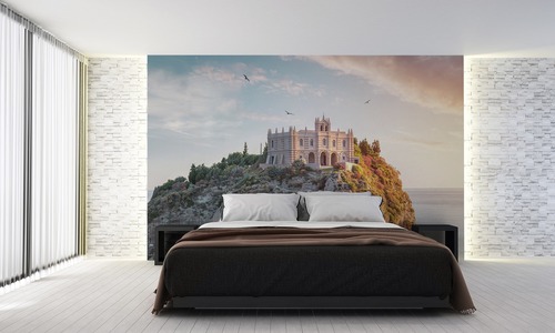 Skontrolujte Santa Maria dell'Isola, nástenná maľba do obývačky, spálne, slnečný deň na ostrove, teplé a studené farby, Tropea, Kalábria, Taliansko
